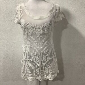 CAPRI Embroidered Mesh Floral Lace Top Small Blouse Fairy  Short Sleeve Y2K